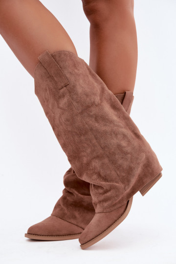 Botas altas de estilo cowboy enrugadas com saltos e cano costurado castanho Ives