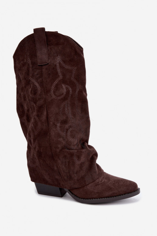 Botas altas de estilo cowboy enrugadas com saltos e cano costurado chocolate Ives