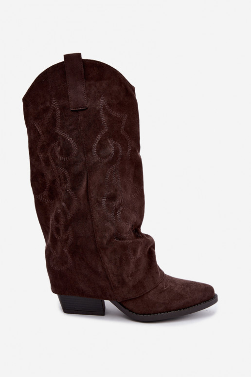 Botas altas de estilo cowboy enrugadas com saltos e cano costurado chocolate Ives