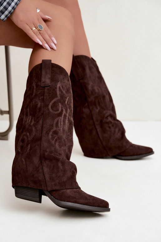 Botas altas de estilo cowboy enrugadas com saltos e cano costurado chocolate Ives