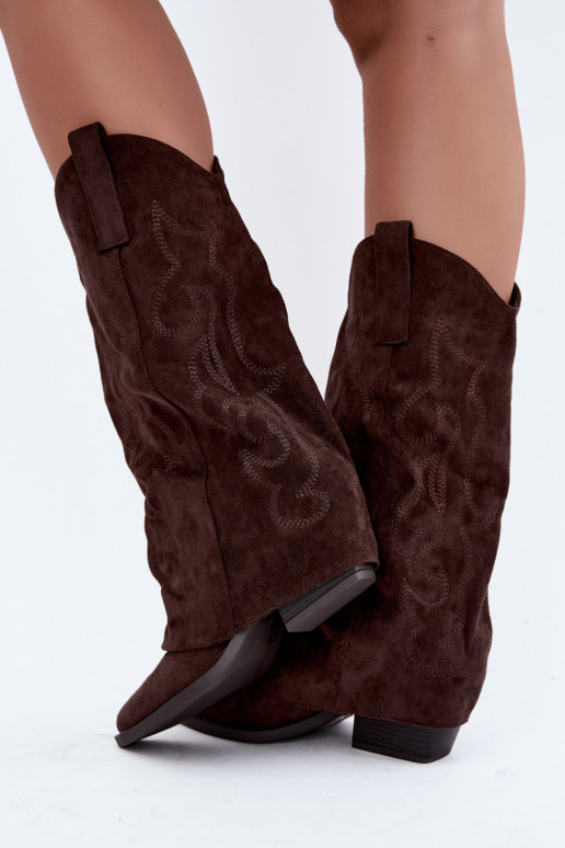 Botas altas de estilo cowboy enrugadas com saltos e cano costurado chocolate Ives