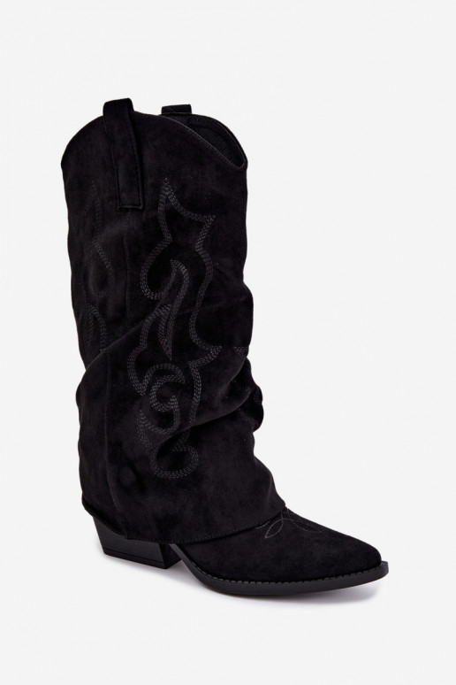 Botas altas de estilo cowboy enrugadas com saltos e cano costurado preto Ives
