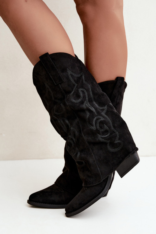Botas altas de estilo cowboy enrugadas com saltos e cano costurado preto Ives