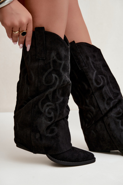 Botas altas de estilo cowboy enrugadas com saltos e cano costurado preto Ives