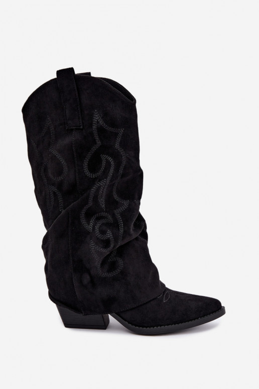 Botas altas de estilo cowboy enrugadas com saltos e cano costurado preto Ives