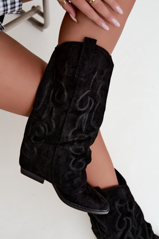 Botas altas de estilo cowboy enrugadas com saltos e cano costurado preto Ives