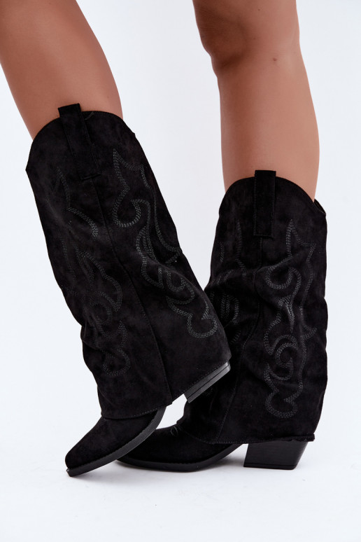 Botas altas de estilo cowboy enrugadas com saltos e cano costurado preto Ives