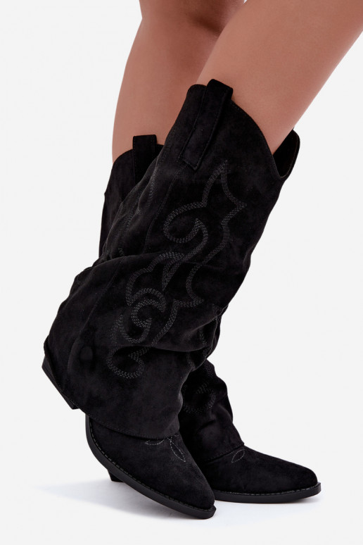 Botas altas de estilo cowboy enrugadas com saltos e cano costurado preto Ives