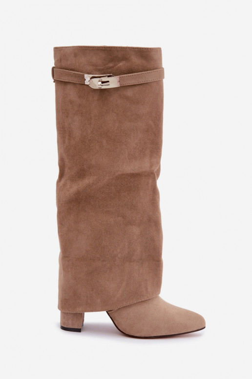 Botas altas femininas acolchoadas com cano costurado e saltos areia Salia