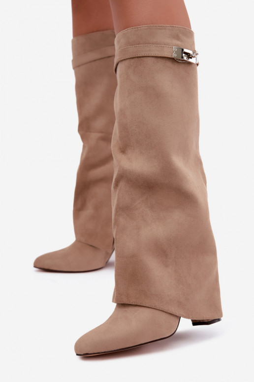 Botas altas femininas acolchoadas com cano costurado e saltos areia Salia