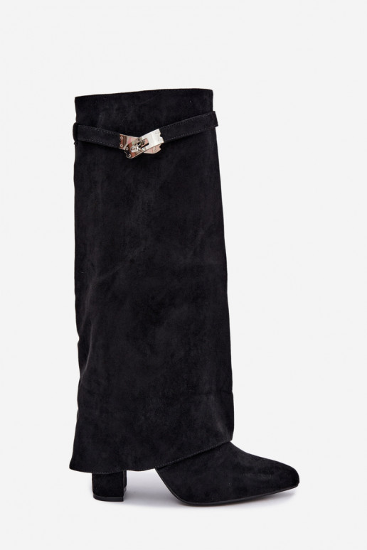Botas altas femininas acolchoadas com cano costurado e saltos pretos Salia