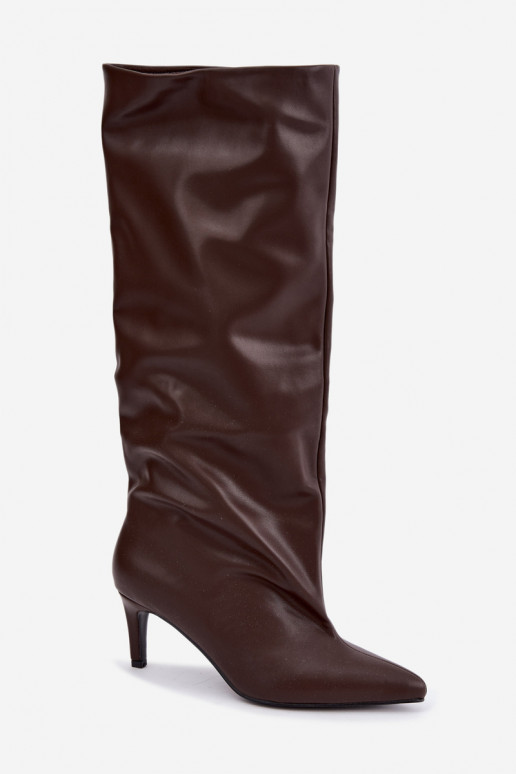 Botins femininos aquecidos com saltos finos chocolate Olivienne