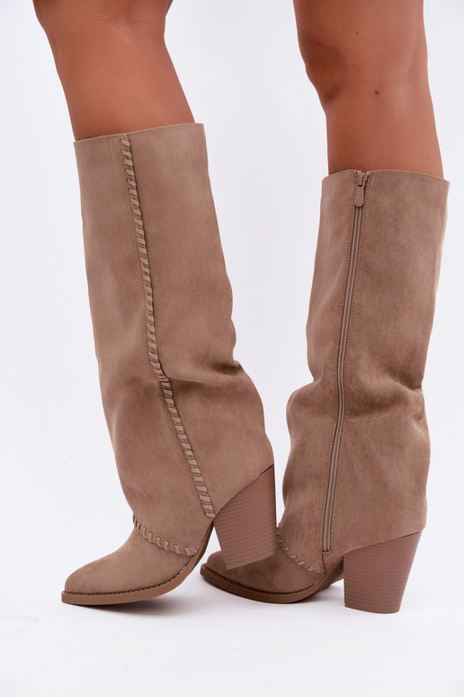 Botas altas femininas de estilo cowboy com salto bloco areia Noeline