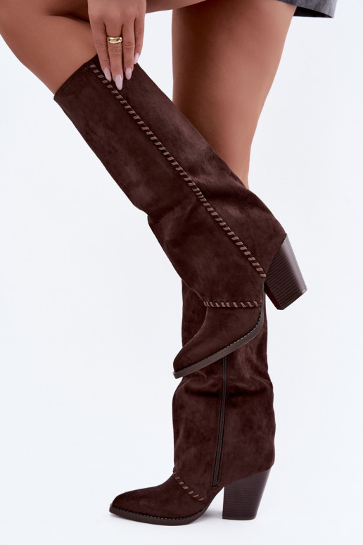 Botas altas femininas de estilo cowboy com salto bloco chocolate Noeline