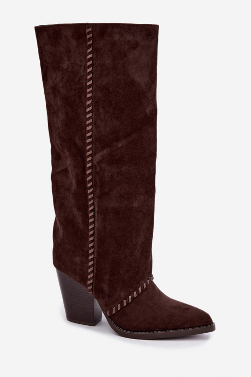 Botas altas femininas de estilo cowboy com salto bloco chocolate Noeline