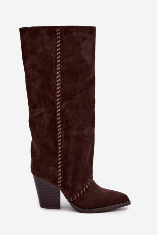 Botas altas femininas de estilo cowboy com salto bloco chocolate Noeline