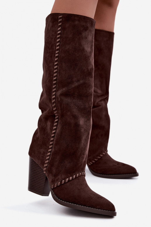Botas altas femininas de estilo cowboy com salto bloco chocolate Noeline