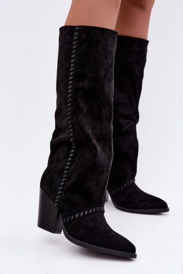 Botas femininas de estilo cowboy acima do joelho com salto bloco na cor preta Noeline 2