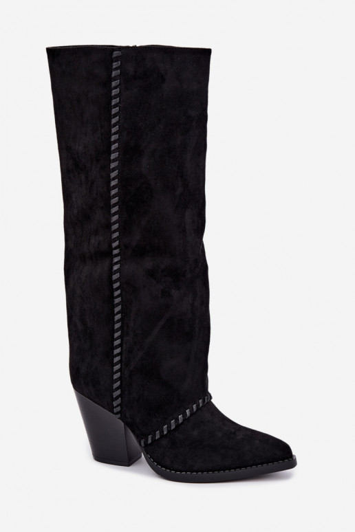 Botas femininas de estilo cowboy acima do joelho com salto bloco na cor preta Noeline