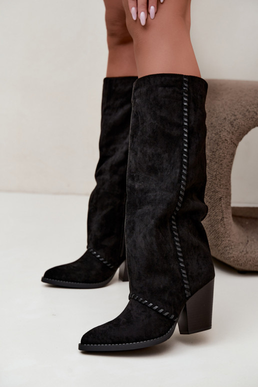 Botas femininas de estilo cowboy acima do joelho com salto bloco na cor preta Noeline