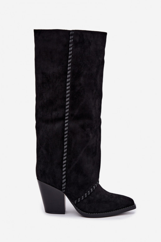Botas femininas de estilo cowboy acima do joelho com salto bloco na cor preta Noeline