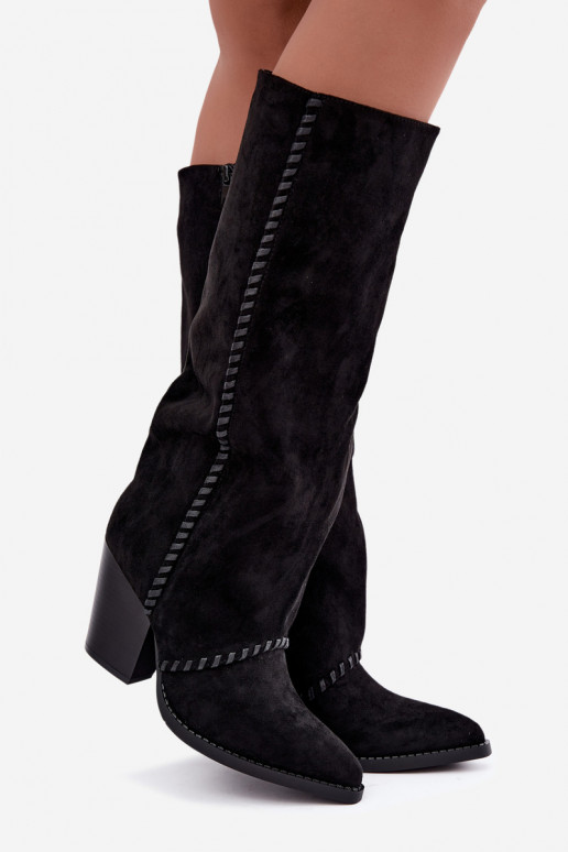 Botas femininas de estilo cowboy acima do joelho com salto bloco na cor preta Noeline