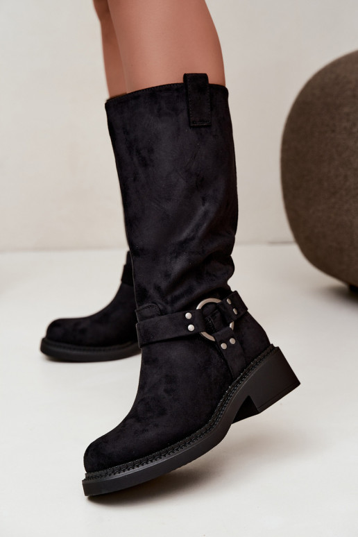 Botas femininas acima do joelho com detalhes decorativos na cor preta Morla