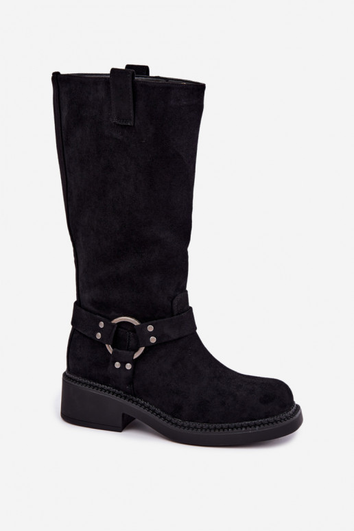 Botas femininas acima do joelho com detalhes decorativos na cor preta Morla