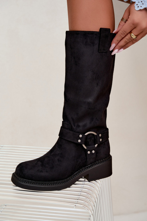 Botas femininas acima do joelho com detalhes decorativos na cor preta Morla
