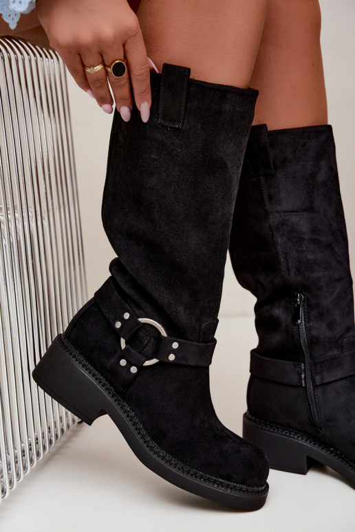 Botas femininas acima do joelho com detalhes decorativos na cor preta Morla