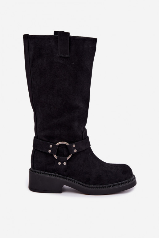 Botas femininas acima do joelho com detalhes decorativos na cor preta Morla