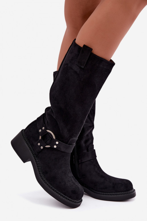 Botas femininas acima do joelho com detalhes decorativos na cor preta Morla