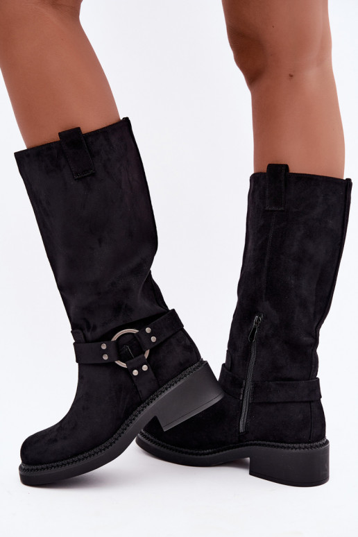 Botas femininas acima do joelho com detalhes decorativos na cor preta Morla