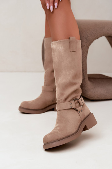 Botas femininas acima do joelho com detalhes decorativos na cor areia Morla 2