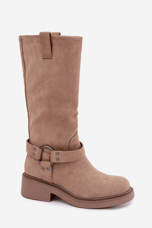 Botas femininas acima do joelho com detalhes decorativos na cor areia Morla
