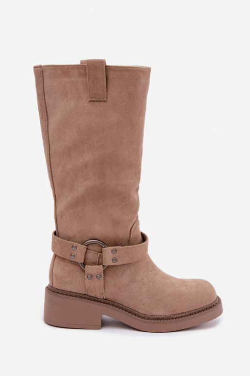 Botas femininas acima do joelho com detalhes decorativos na cor areia Morla