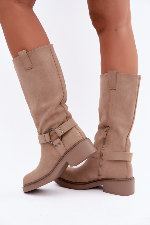Botas femininas acima do joelho com detalhes decorativos na cor areia Morla
