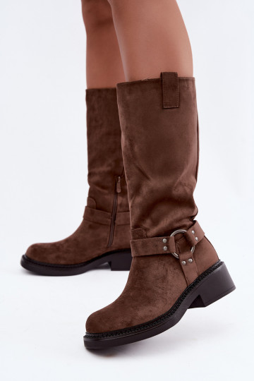 Botas femininas acima do joelho com detalhes decorativos na cor marrom Morla 2