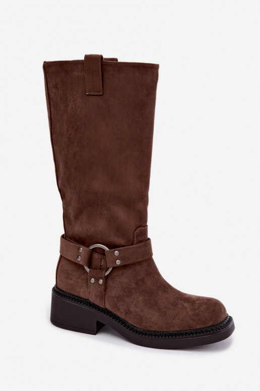 Botas femininas acima do joelho com detalhes decorativos na cor marrom Morla