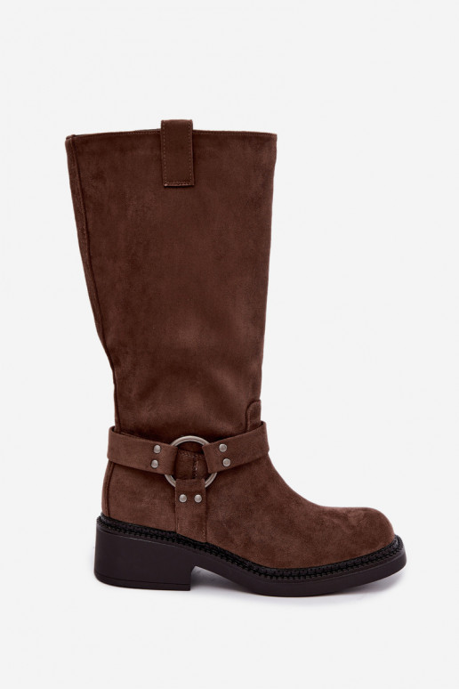Botas femininas acima do joelho com detalhes decorativos na cor marrom Morla