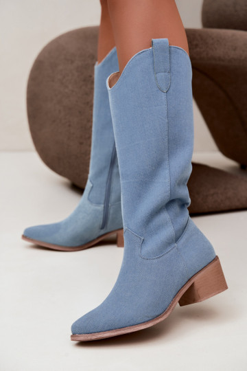Botas femininas de estilo cowboy acima do joelho com salto em denim Zareya