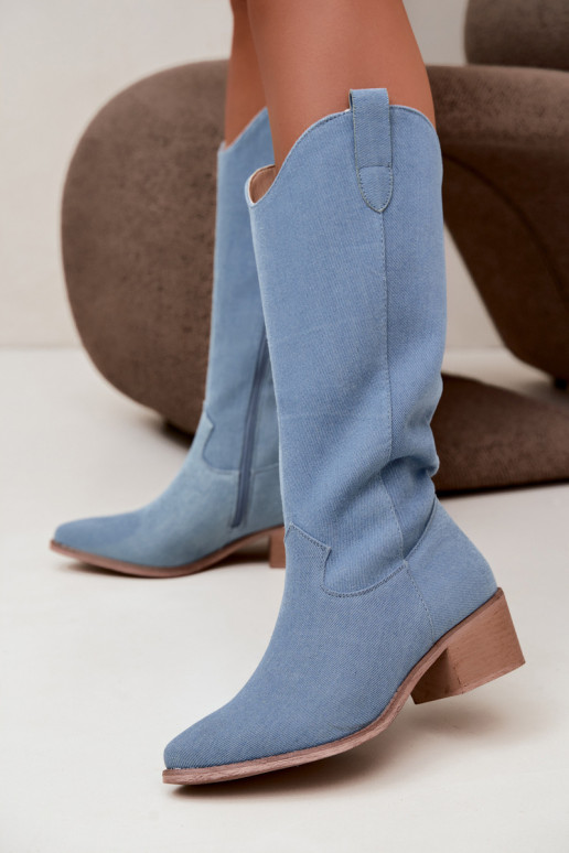 Botas femininas de estilo cowboy acima do joelho com salto em denim Zareya