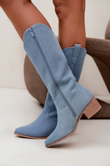 Botas femininas de estilo cowboy acima do joelho com salto em denim Zareya 2
