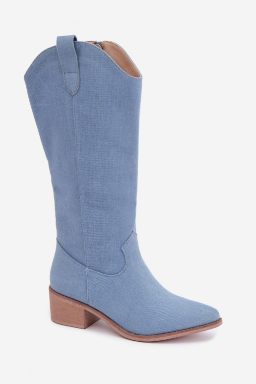 Botas femininas de estilo cowboy acima do joelho com salto em denim Zareya