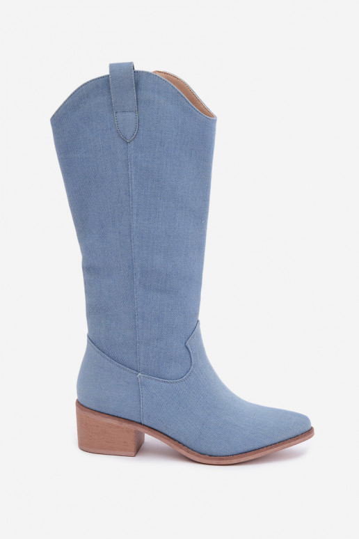 Botas femininas de estilo cowboy acima do joelho com salto em denim Zareya