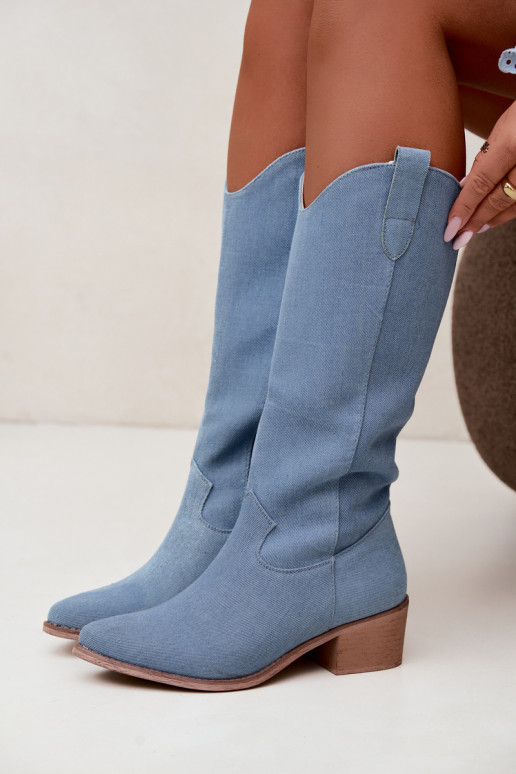 Botas femininas de estilo cowboy acima do joelho com salto em denim Zareya