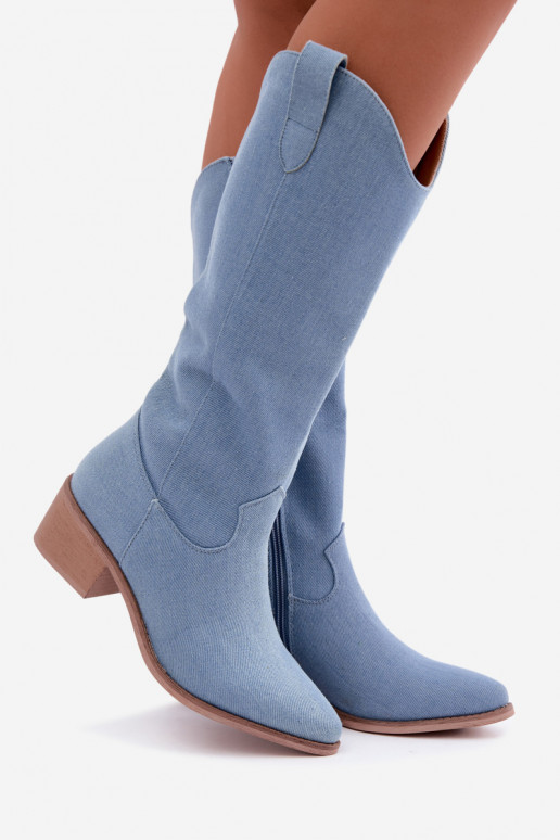 Botas femininas de estilo cowboy acima do joelho com salto em denim Zareya