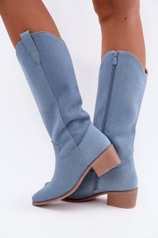 Botas femininas de estilo cowboy acima do joelho com salto em denim Zareya