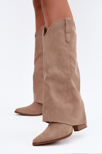 Botas femininas de estilo cowboy acima do joelho com salto na cor areia Kalena 2