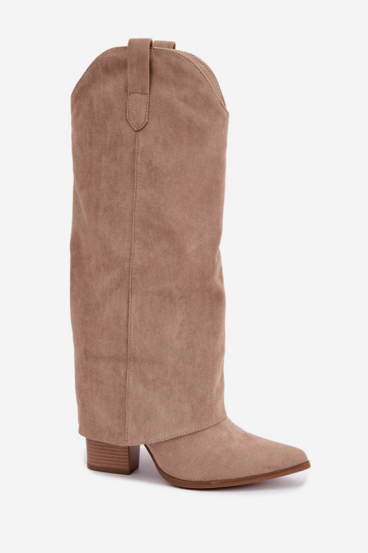 Botas femininas de estilo cowboy acima do joelho com salto na cor areia Kalena